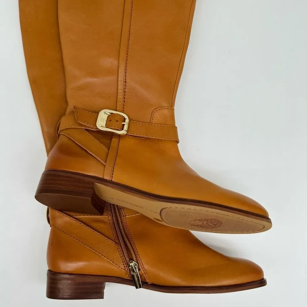 VINCE CAMUTO Buckle Accent Ovarlym Round Toe Block Heel Leather Riding Boot